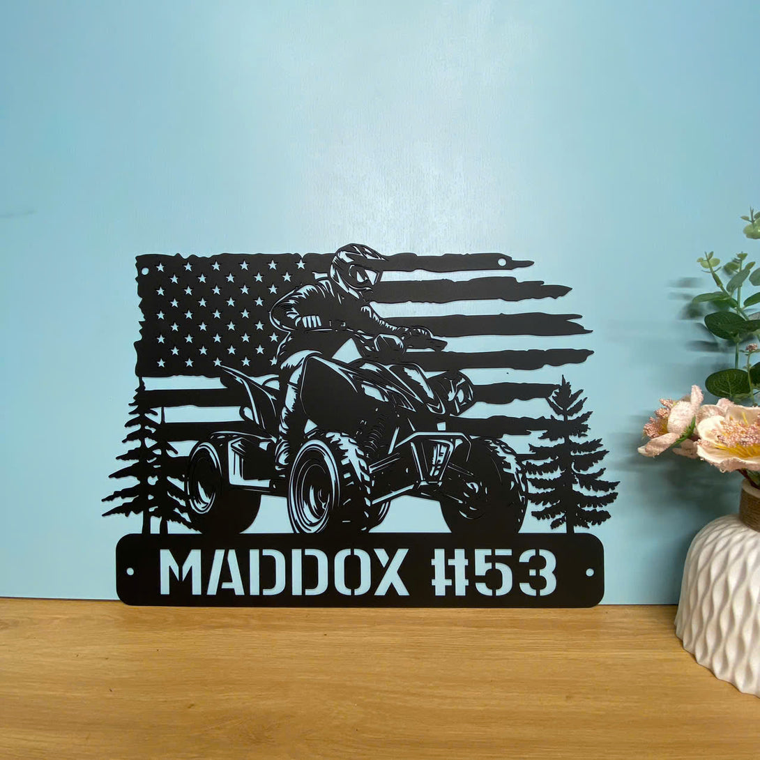 Custom Us Flag Atv Quad Biker Metal Wall Art, Personalized All-terrain Vehicle Metal Name Sign, Terrain Vehicle Atv 4 Wheels Garage Metal Wall Sign