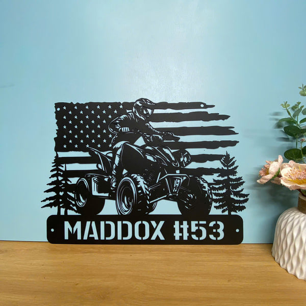 Custom Us Flag Atv Quad Biker Metal Wall Art, Personalized All-terrain Vehicle Metal Name Sign, Terrain Vehicle Atv 4 Wheels Garage Metal Wall Sign