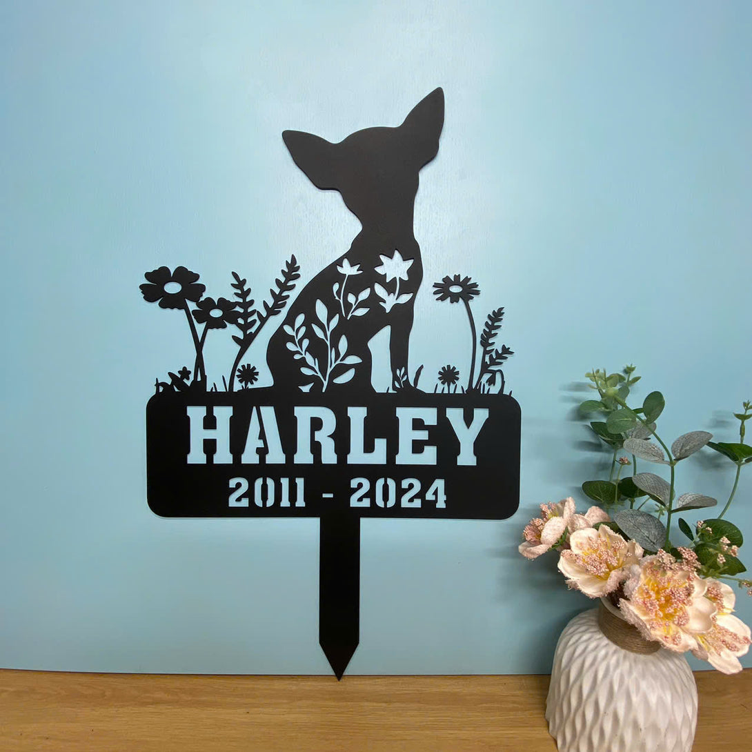 Custom Metal Chihuahua Memorial Stake, Chihuahua Metal Grave Marker, Personalized Dog Loss Metal Garden Stake, Floral Chihuahua Metal Garden Decor