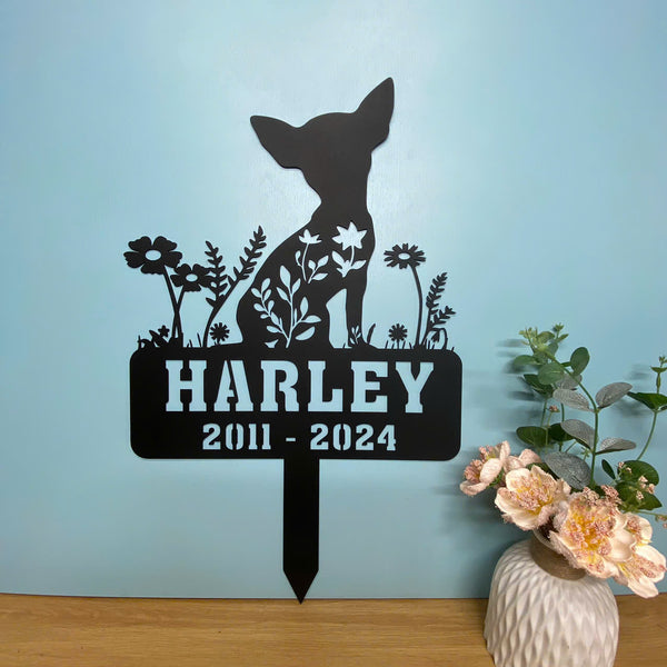 Custom Metal Chihuahua Memorial Stake, Chihuahua Metal Grave Marker, Personalized Dog Loss Metal Garden Stake, Floral Chihuahua Metal Garden Decor