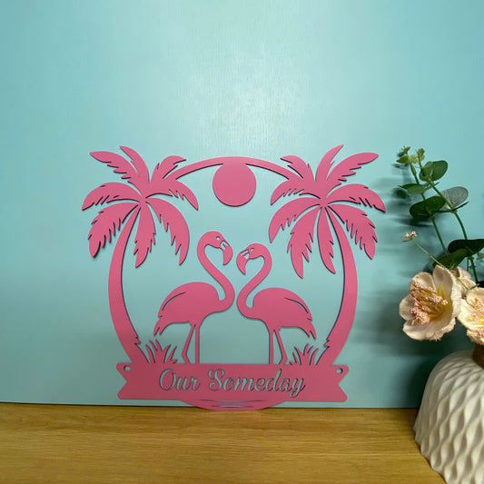 Personalized Tropical Flamingo Palm Tree Beach House Metal Sign, Sunset Beach Hosue Metal Wall Art, Flamingo Backyard Patio Metal Wall Hanging Decor