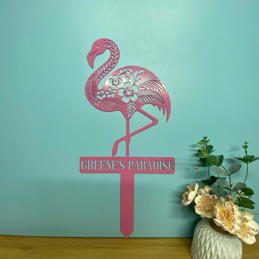 Personalized Tropical Floral Flamingo Metal Sign With Stake, Custom Flamingo Metal Pool Sign, Flamingo Beach House Metal Garden Stake Outdoor Decor