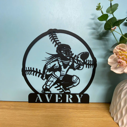Personalized Softball Catcher Metal Wall Art, Custom Softball Catcher Girl Metal Name Sign, Female Baseball Sport Metal Wall Hanging Room Decor