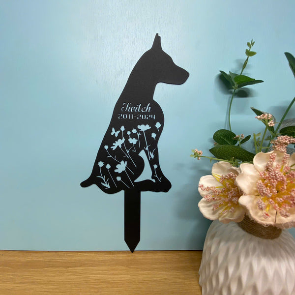 Personalized Doberman Pinscher Dog Memorial Stake, Custom Dog Memorial Metal Grave Marker, Pet Loss Remembrance Stake, Floral Dog Metal Garden Decor