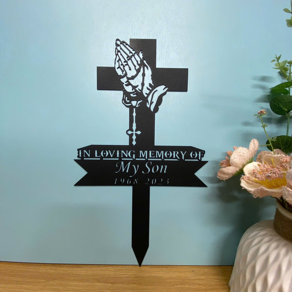 Custom Cross With Praying Hands Memorial Stake, In Loving Memory Metal Stake, Sympathy Metal Garden Stake, Cross Grave Marker, Metal Remembrance Stake