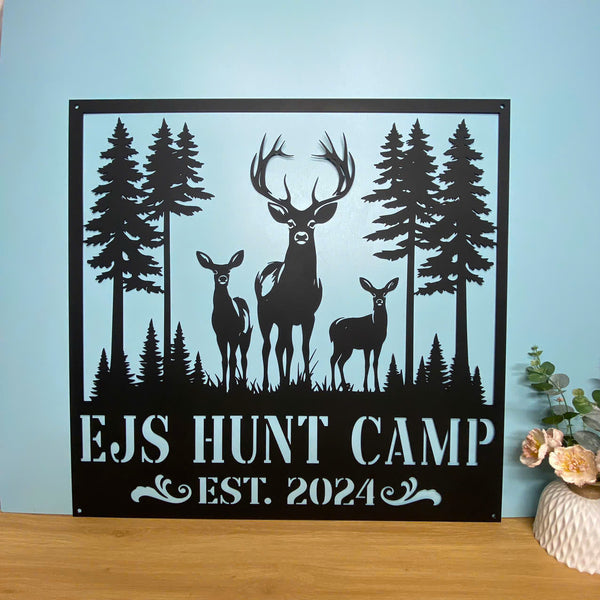 Custom Deer In Forest Metal Cabin Sign, Personalized Wild Deer Metal Wall Art, Deer Hunting Metal Sign, Wild Animal Hunting Man Cave Metal Name Sign