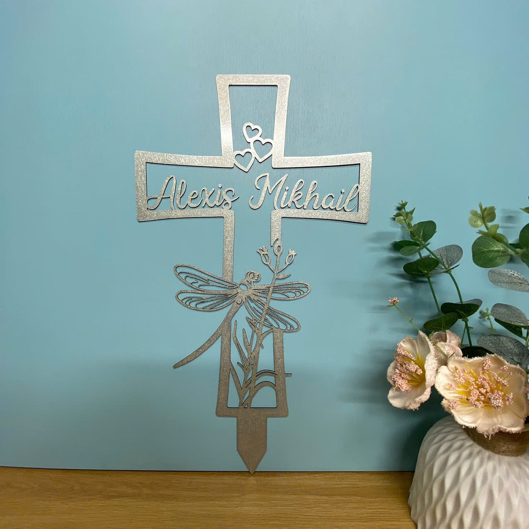 Personalized Cross With Dragonfly Memorial Stake, Custom Cross Memorial Plaque With Stake, Metal Cross Remembrance Stake, Loving Memory Sympathy Sign