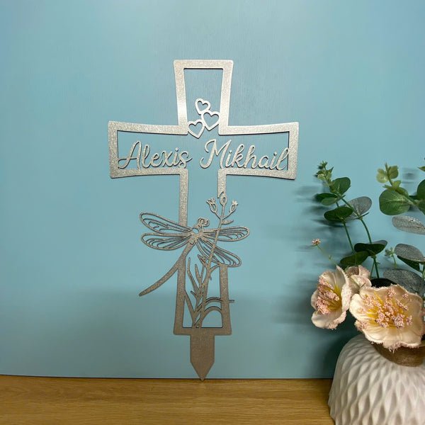 Personalized Cross With Dragonfly Memorial Stake, Custom Cross Memorial Plaque With Stake, Metal Cross Remembrance Stake, Loving Memory Sympathy Sign