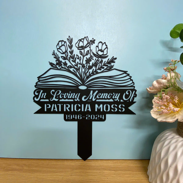 Personalized Floral Book Teacher Memorial Metal Stake, Custom Name Floral Book Metal Yard Stake, Book Lover Sympathy Sign, Teacher Loss Grave Marker