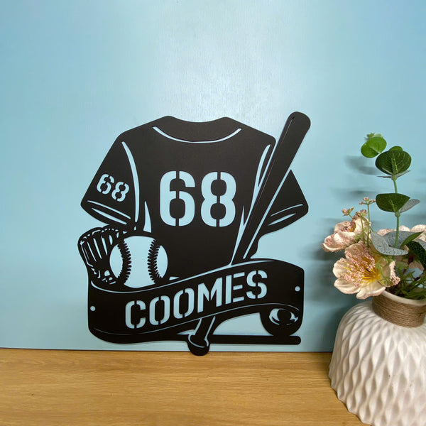 Custom Baseball Gear Metal Wall Art, Personalized Name & Number Baseball Player Metal Sign, Baseball Kids Room Wall Decor, Baseball Sports Metal Sign