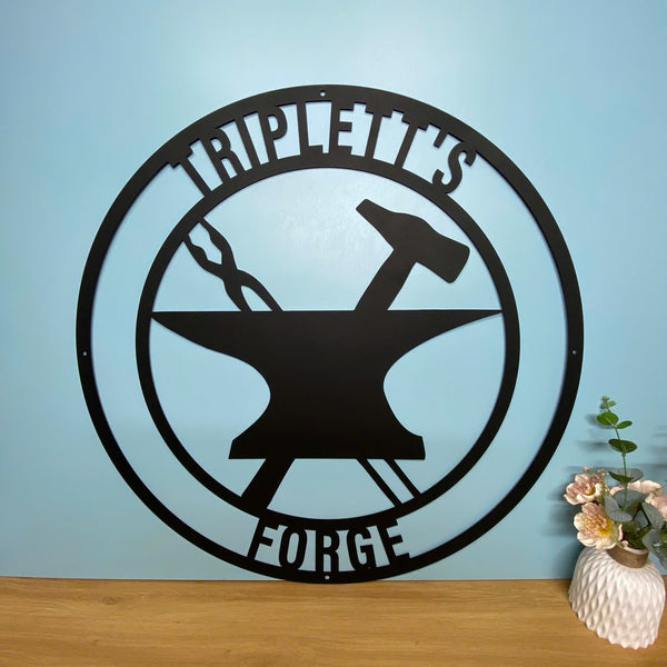 Custom Blacksmith Metal Wall Art, Personalized Anvil Hammer Metal Sign With Name, Custom Iron Tools Workshop Man Cave Metal Decor