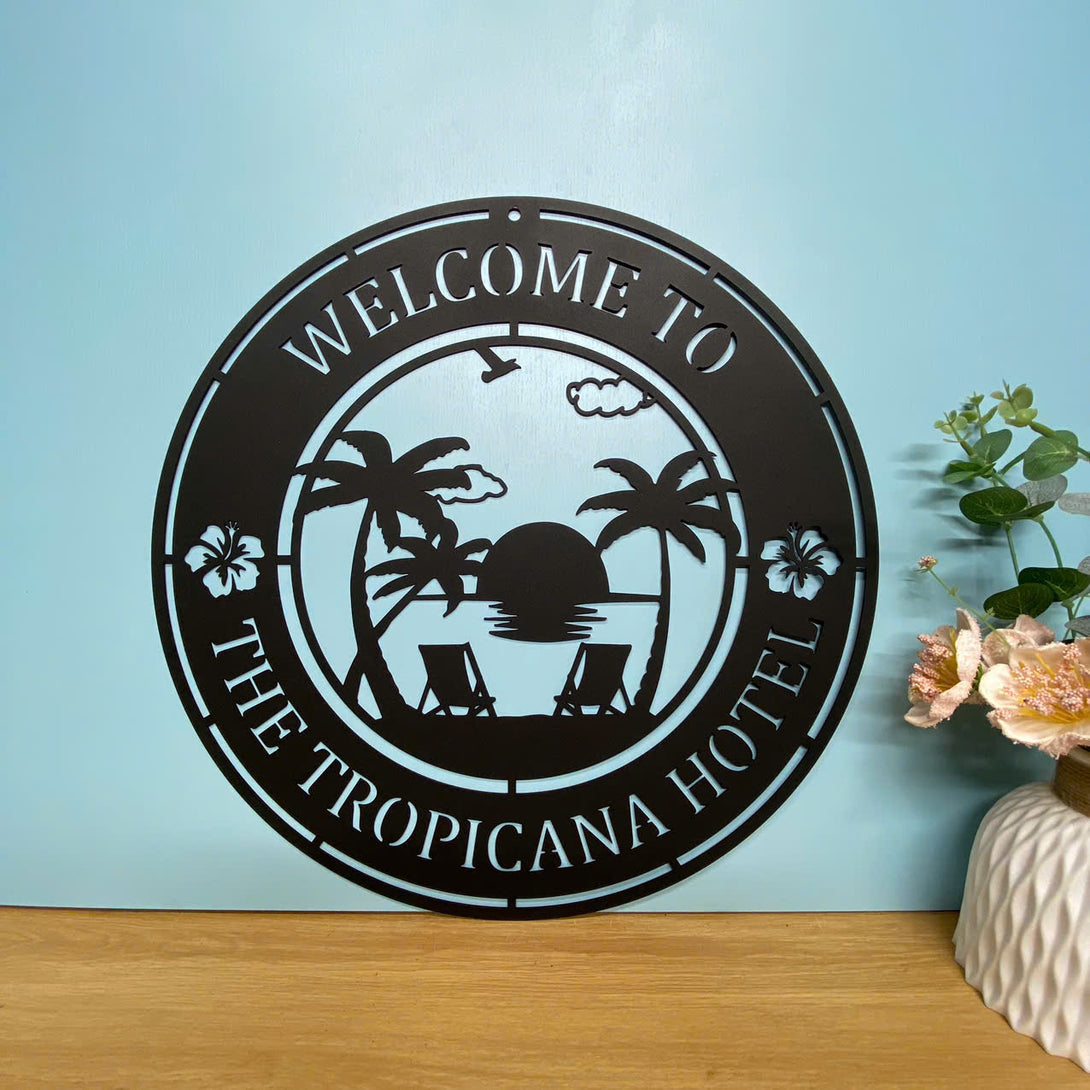 Tropical Welcome Poolside Oasis Sunset On Beach Metal Sign, Custom Family Name Palm Tree Beach House Metal Sign, Outdoor Poolside Metal Welcome Sign
