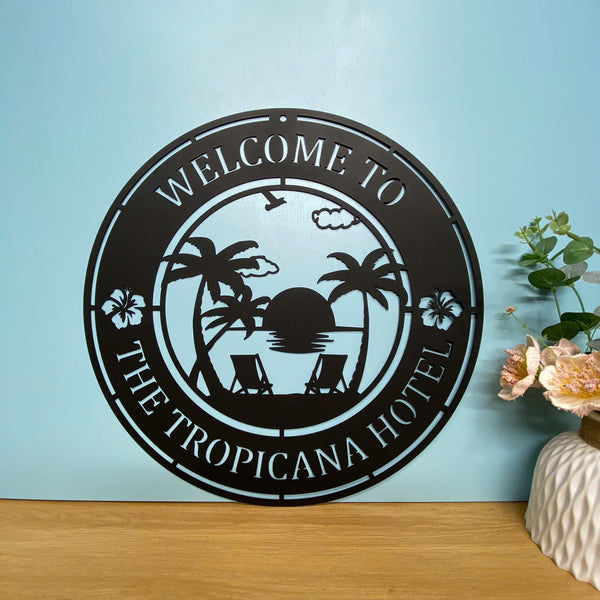 Tropical Welcome Poolside Oasis Sunset On Beach Metal Sign, Custom Family Name Palm Tree Beach House Metal Sign, Outdoor Poolside Metal Welcome Sign