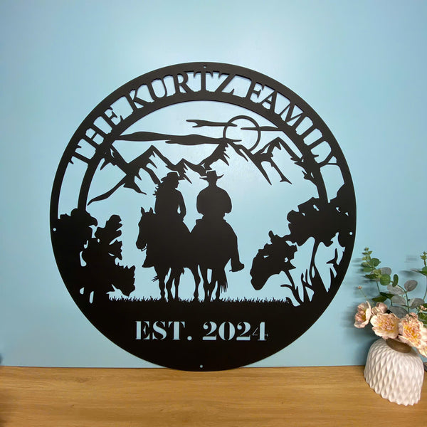 Personalized Couple Cowboy Cowgirl Metal Wall Art, Cowboy Couple Metal Sign With Name, Custom Family Name Metal Wall Sign, Metal Western Cowboy Sign