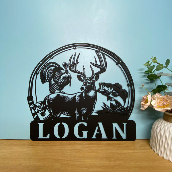 Custom Deer Turkey Fish Hunting Metal Wall Art, Personalized Wildlife Hunter Metal Name Sign, Fishing Hunting Outdoor Cabin Metal Wall Hanging Sign