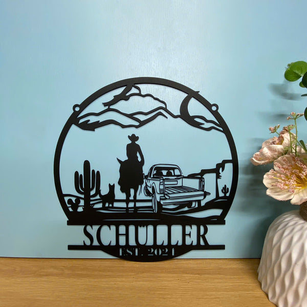 Custom Western Cowboy Riding Horse Metal Sign, Personalized Cowboy Family Name Metal Sign, Desert Cactus Western Cowboy Metal Wall Art Decor
