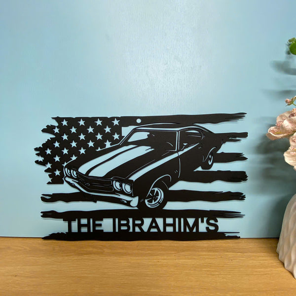 Personalized Us Flag Classic Muscle Car Metal Sign, Custom Classic Muscle Car Metal Wall Art, Mechanic Repair Garage Man Cave Metal Wall Hanging Decor
