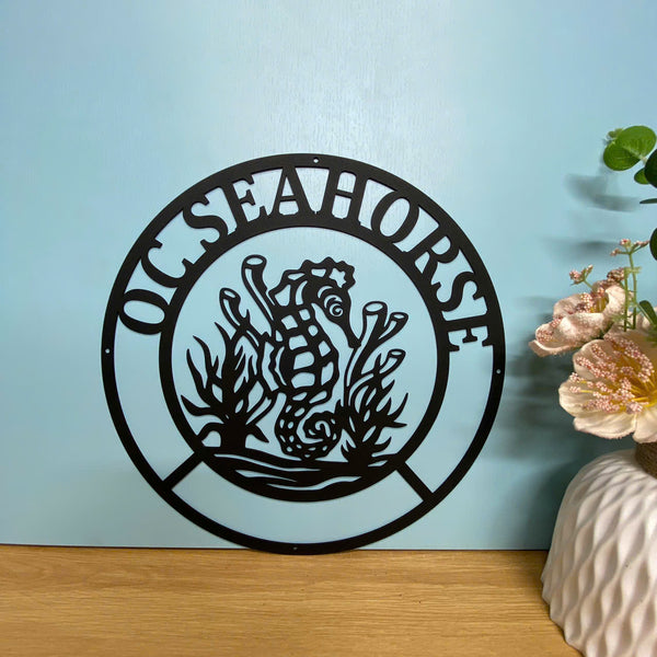 Personalized Seahorse Monogram Metal Wall Art, Custom Coral Seahorse Metal Name Sign, Seahorse Lover Metal Wall Hanging Beach House Sign Decor