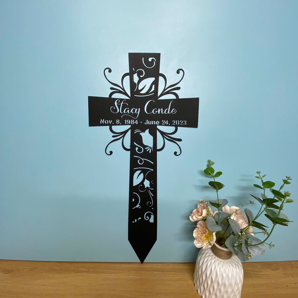 Personalized Cross Memorial Metal Yard Stake, Floral Cross Grave Marker Metal Garden Stake, Memorial Cross Metal Garden Sign, Memory Sympathy Sign