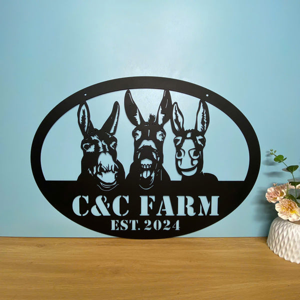 Custom Funny Donkey Metal Farm Sign, Personalized Donkey Farmhouse Metal Sign, Animal Farm Entrance Metal Wall Hanging, Donkey Barn Ranch Metal Sign