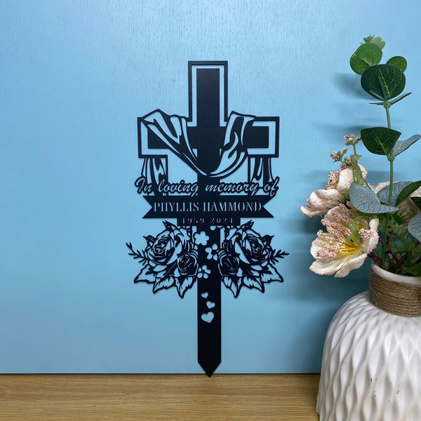 Personalized Floral Cross Memorial Stake, In Loving Memory Custom Sympathy Sign, Cross Memorial Plaque With Stake, Metal Cross Remembrance Stake