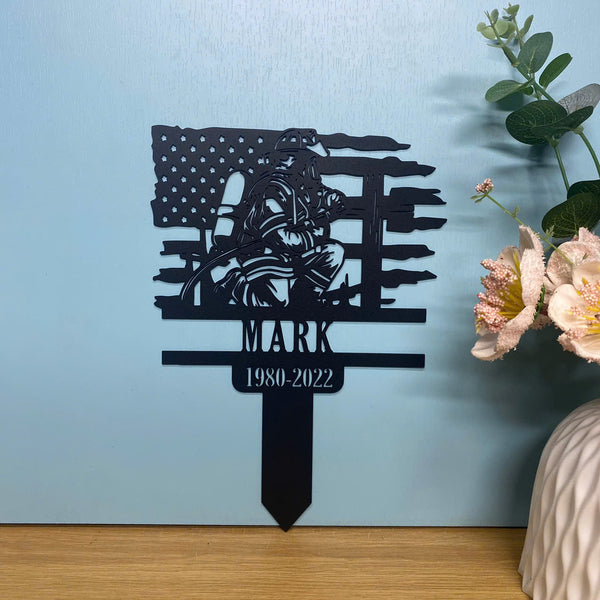Custom Us Flag Fireman Memorial Metal Stake, Us Firefighter Cross Metal Plaque With Stake, Firefighter Loss Metal Grave Maker, Fireman Cemetery Stake