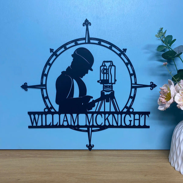 Custom Surveyor Engineer Metal Wall Art, Personalized Land Surveyor Metal Name Sign, Geodetic Construction Builder Metal Wall Sign
