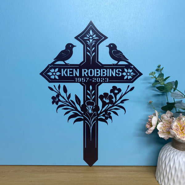 Personalized Floral Cross With Birds Memorial Stake, Memorial Cross Plaque With Stake, Loss Of Loved One Sympathy Sign, Metal Cross Remembrance Stake