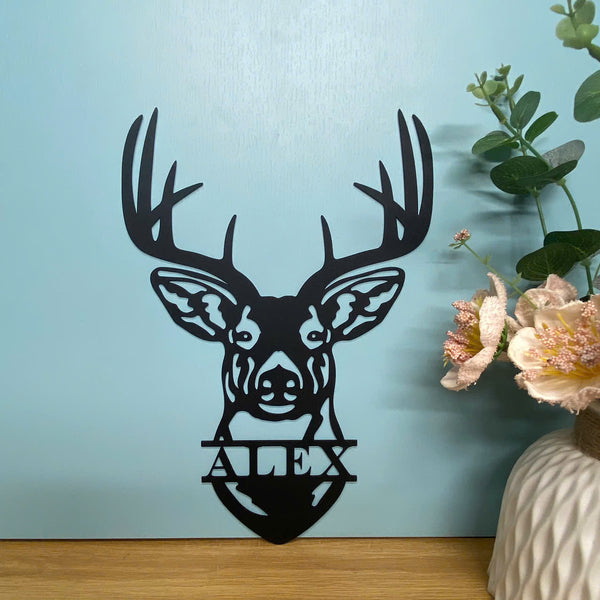 Custom Deer Head Metal Wall Art, Personalized Deer Head Metal Name Sign, Wildlife Hunting Cabin Metal Decor, Deer Hunting Man Cave Metal Wall Sign