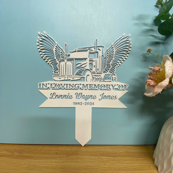 Custom Semi Truck Driver Memorial Metal Grave Marker, Semi Truck With Wings Metal Garden Stake, Personalized Semi Truck Memorial Metal Stakes