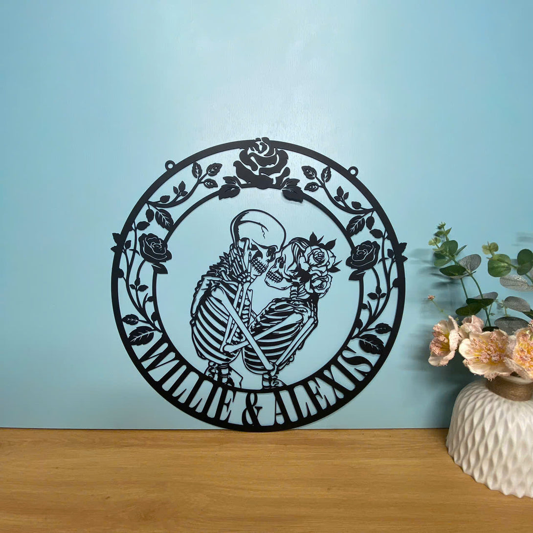 Personalized Couple Skeleton Metal Wall Art, Custom Skeleton Lovers Metal Name Sign, Floral Couple Skulls Metal Wall Art, Sugar Skull Metal Wall Sign