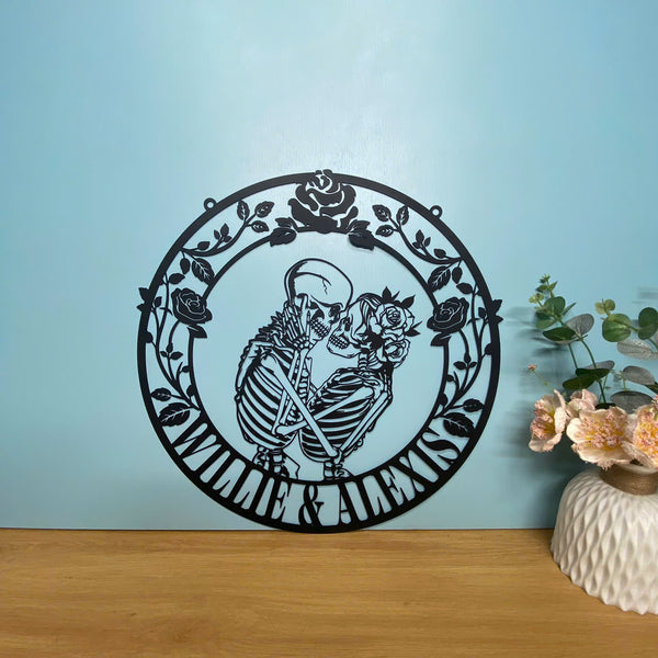 Personalized Couple Skeleton Metal Wall Art, Custom Skeleton Lovers Metal Name Sign, Floral Couple Skulls Metal Wall Art, Sugar Skull Metal Wall Sign