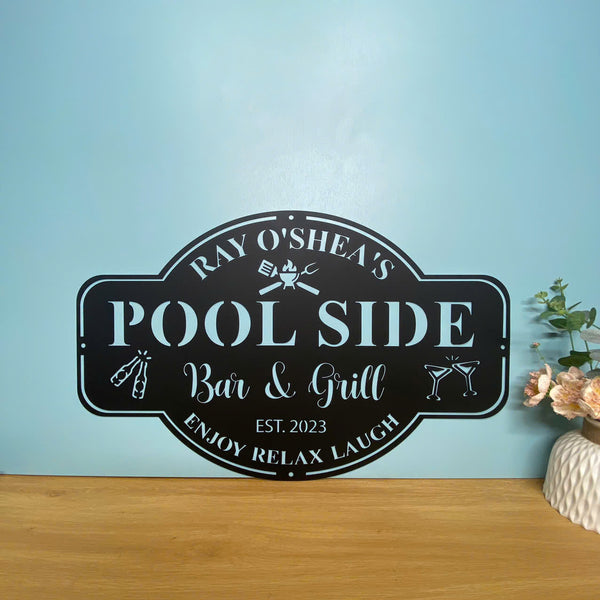 Personalized Poolside Bar & Grill Metal Wall Art, Custom Welcome Poolside Oasis Patio Metal Wall Hanging, Poolside Backyard Metal Outdoor Decor