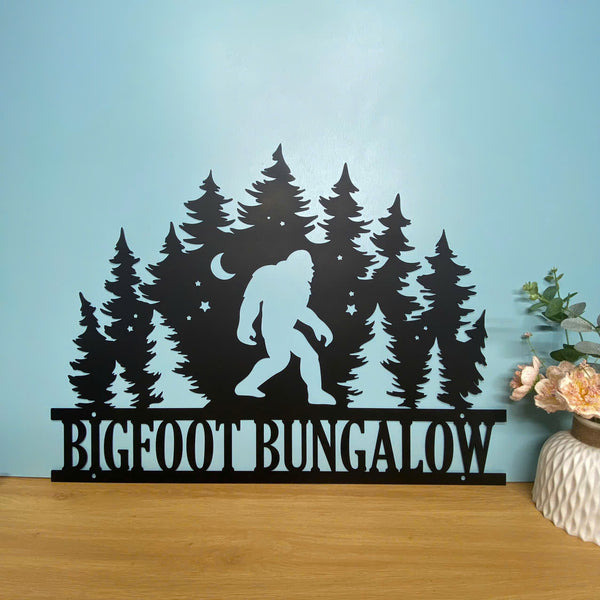 Custom Forest Bigfoot Monogram Metal Wall Art, Personalized Walking Bigfoot Metal Wall Name Sign, Metal Sasquatch Man Cave Wall Hanging Decor