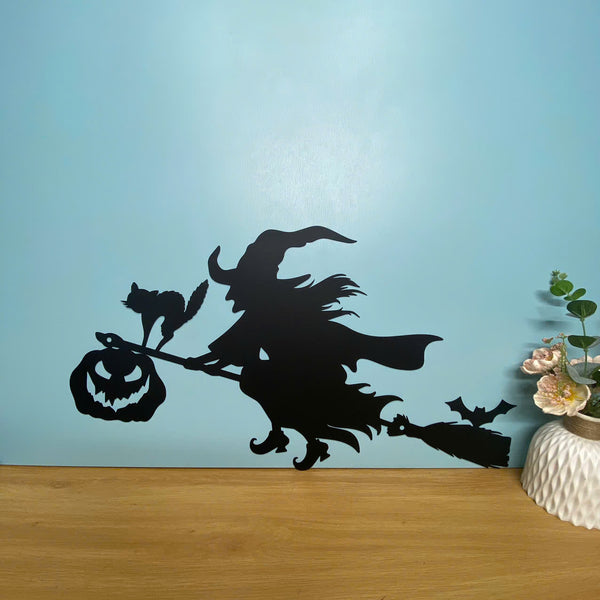 Scary Halloween Witch On Broomstick Metal Sign, Halloween Flying Witch Metal Art, Haunted House Metal Wall Decor, Spooky Witch Broomstick Metal Sign