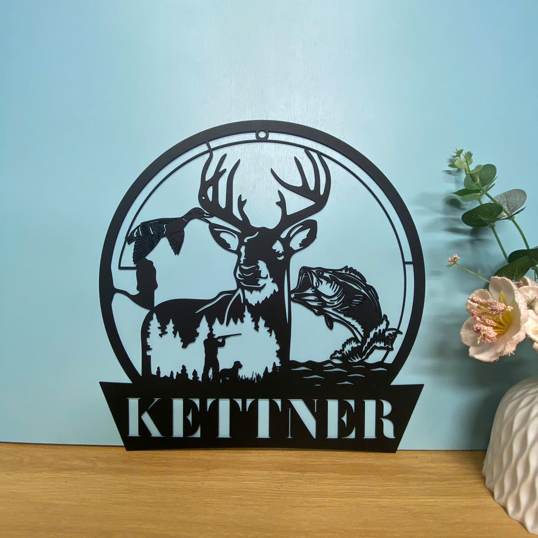 Custom Deer Hunting Fishing Metal Wall Art, Personalized Deer Duck Fish Hunting Metal Wall Sign, Hunter Fisherman Metal Name Sign Cabin Decor