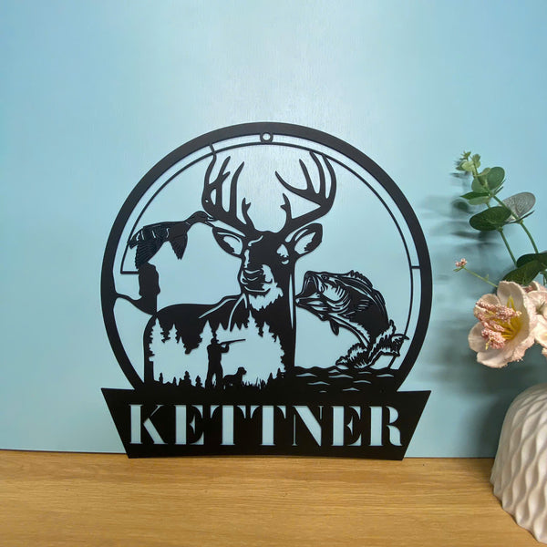 Custom Deer Hunting Fishing Metal Wall Art, Personalized Deer Duck Fish Hunting Metal Wall Sign, Hunter Fisherman Metal Name Sign Cabin Decor