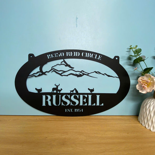 Personalized Mountain Farm Ranch Metal Sign, Custom Family Name Farmhouse Sign, Mountain Farm Animal Metal Sign, Custom Metal Farmhouse Sign