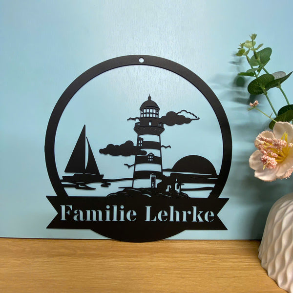Personalized Lighthouse Metal Wall Hanging Art, Custom Family Name Lighthouse Metal Sign, Nautical Beach House Numbers Metal Address Plaque