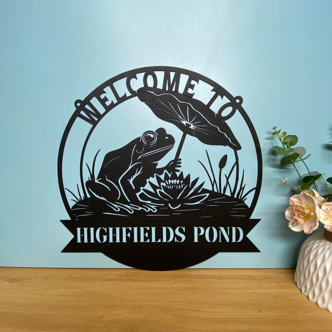 Custom Frog Pond Metal Wall Art Sign, Metal Frog Wall Hanging Sign Garden Decor, Personalized Frog Pond Lake House Metal Sign, Frog Metal Name Sign