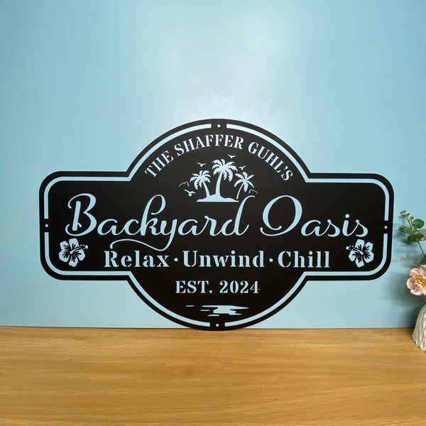 Custom Backyard Oasis Metal Wall Art, Personalized Family Name Poolside Bar Metal Sign, Poolside Patio Metal Wall Hanging, Patio Backyard Metal Decor
