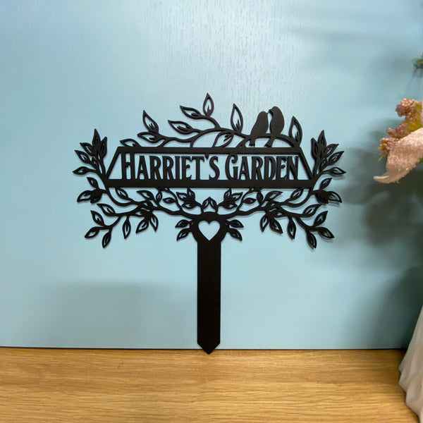 Custom Family Name Garden Metal Sign With Stake, Personalized Garden Metal Stake, Flowers With Birds Metal Yard Sign, Metal Garden Stake Outdoor Decor