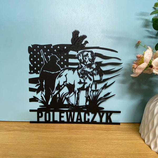 Custom Us Flag Dog Hunting Duck Metal Sign, Personalized Hunter Metal Name Sign, Duck Hunting Man Cave Metal Wall Art, Hunting Duck Metal Sign
