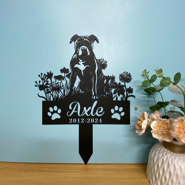 Personalized American Pit Bull Dog Memorial Metal Stake, Custom Flower Dog Garden Stake, Custom Dog Name Metal Yard Stake, Metal Pet Loss Grave Marker