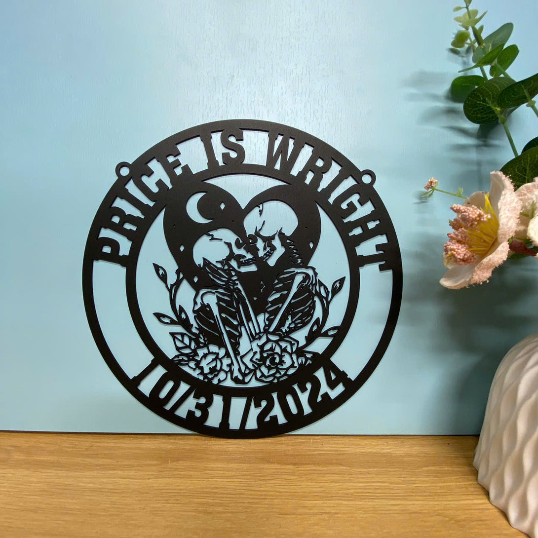 Personalized Couple Skeleton Metal Wall Art, Custom Skeleton Lovers Metal Name Sign, Floral Couple Skulls Metal Art, Anniversary Metal Wall Sign