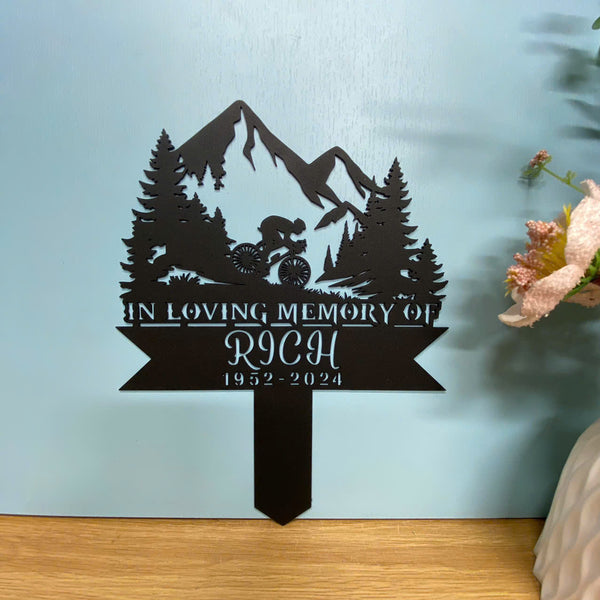 Custom Cyclist Memorial Metal Stake, Personalized Mountain Bike Memorial Yard Stake, Mountain Biker Metal Garden Stake, Biker Loss Metal Grave Marker