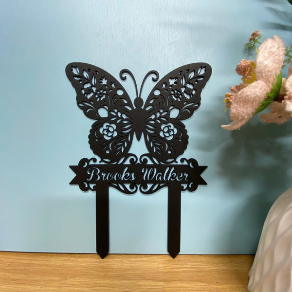 Personalized Butterfly Garden Metal Sign With Stake, Floral Butterfly Metal Yard Sign, Custom Flower Bed Sign, Metal Stake Garden Decor