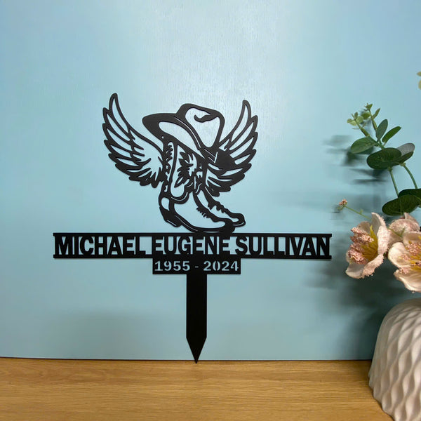 Custom Cowboy Memorial Metal Garden Stake, Cowboy Hat Boots With Wings Metal Grave Marker, Western Cowboy Metal Sympathy Sign, Cowboy Loss Gift