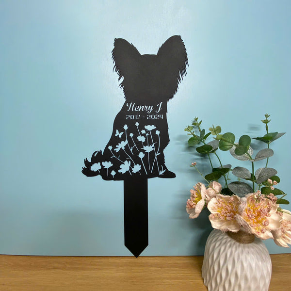 Custom Papillon Dog Memorial Metal Garden Stake, Personalized Dog Loss Metal Grave Marker, Floral Dog Metal Yard Sign, Pet Loss Remembrance Stake
