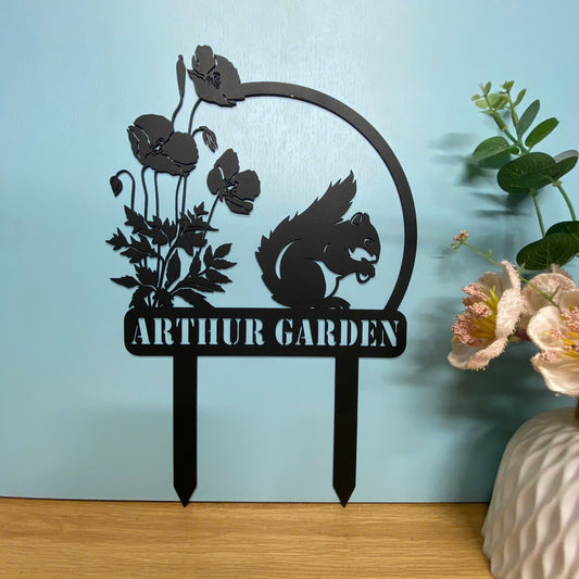 Personalized Squirrel Metal Garden Stake, Custom Your Garden Metal Sign, Squirrel With Poppy Flower Metal Yard Stake, Garden Outdoor Metal Sign Decor